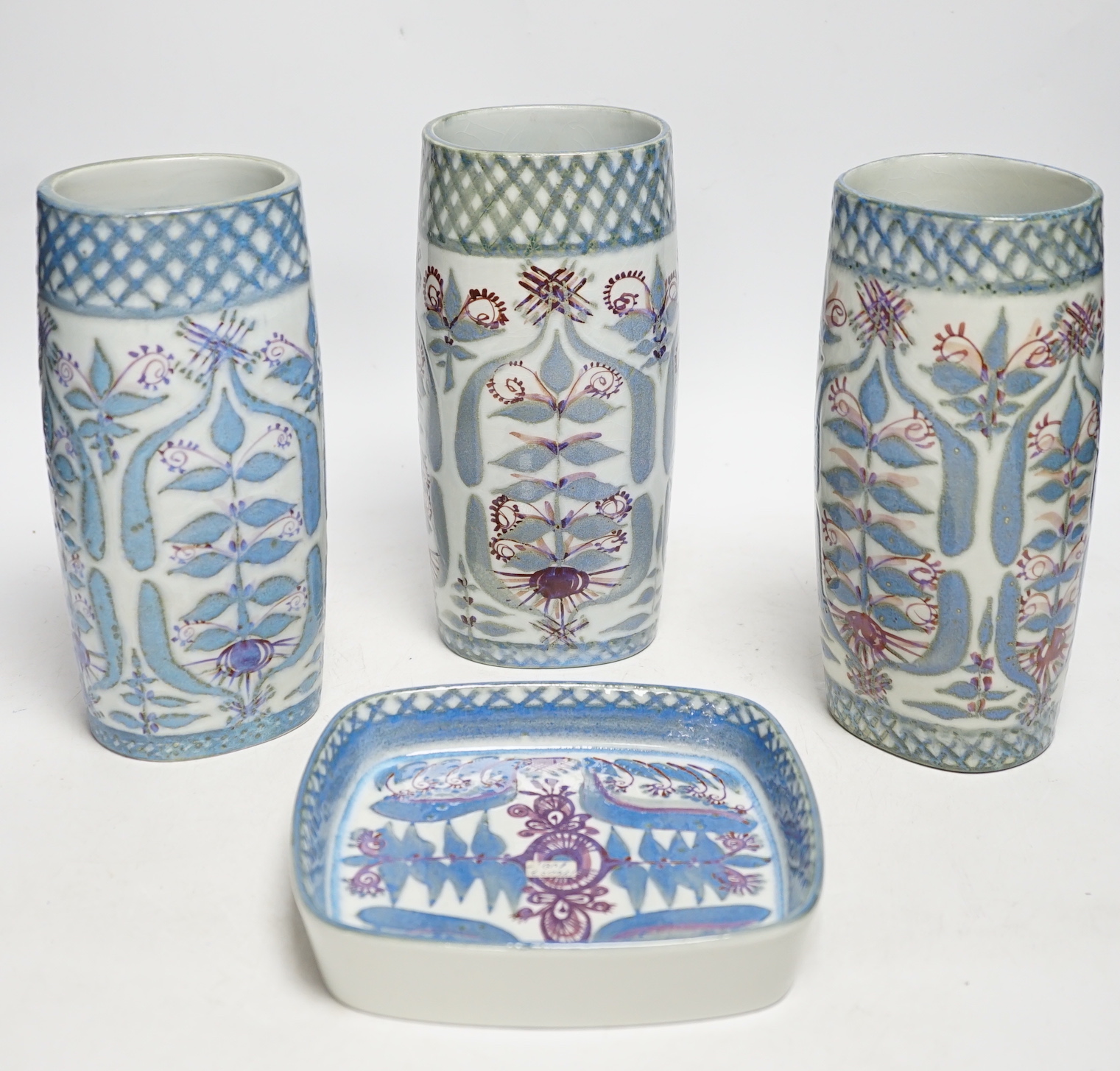 A Royal Copenhagen fajance shallow square dish signed MJ on base for Marianne Johnsen and three vases stamped MJ on base, vases 21cm high